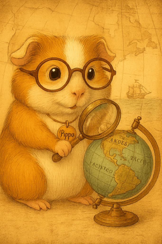 Pippa sieht sich mit der Lupe die Reise der Meerschweinchen von Südamerika nach Europa an