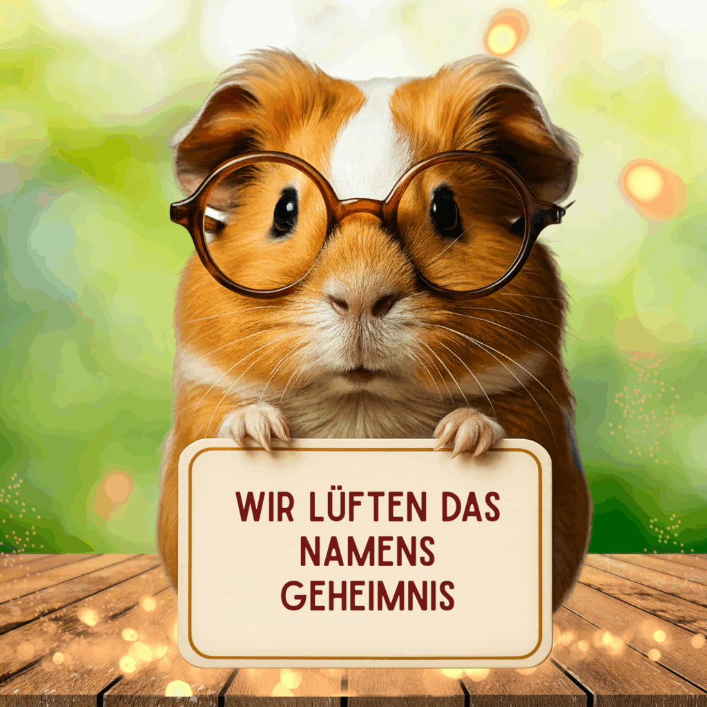 Pippa die Meerschweinchen Lehrerin  zeigt ein Schild das sagt: Wir lüften das Namensgeheimnis der Meerschweinchen