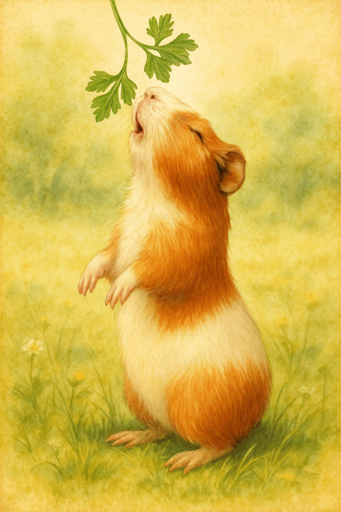 Meerschweinchen macht Männchen um Petersiel zu fressen