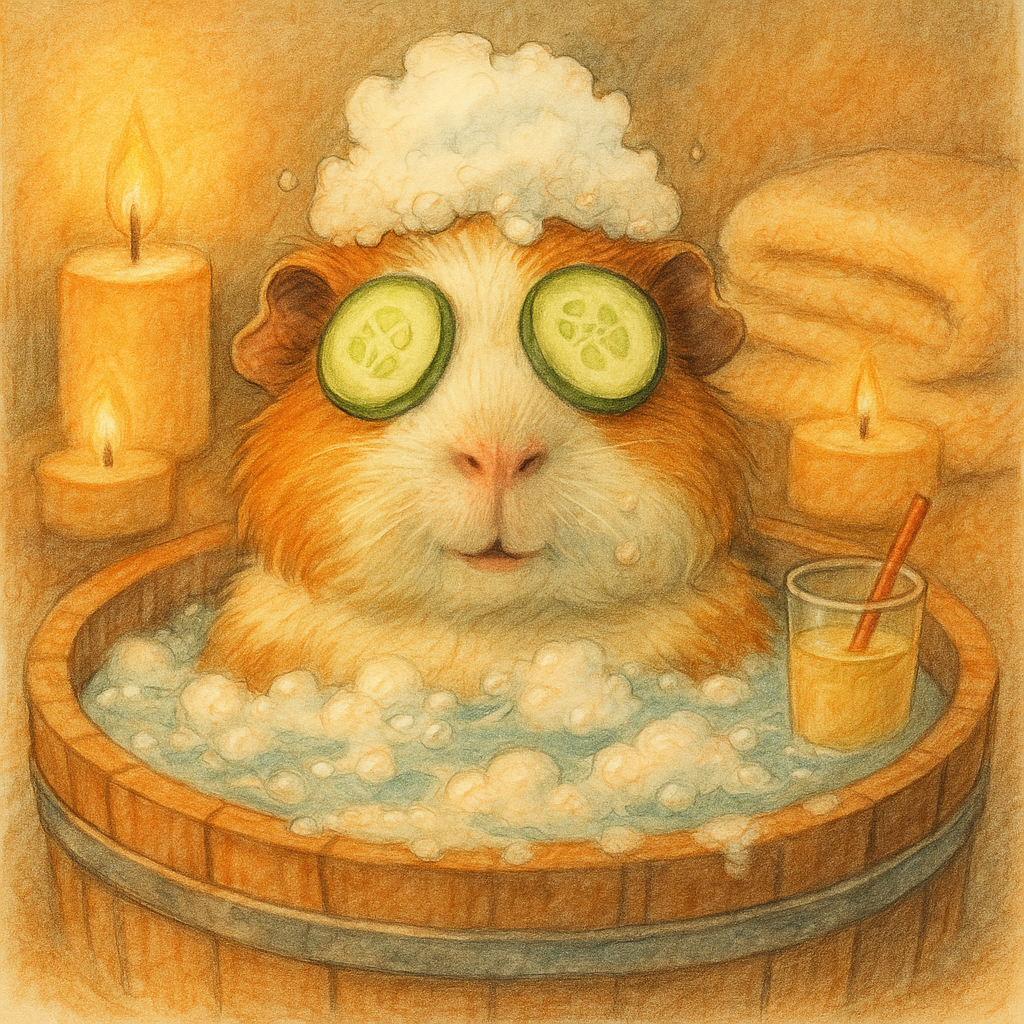 Wellness Meerschweinchen in der Badewanne mit Gurkenscheiben auf den Augen