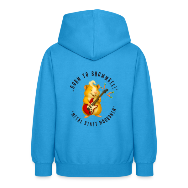 Teenager Hoodie mit Meerschweinchen Motiv Born to Brommsel metal statt Möhrchen blitzblau Hinteransicht