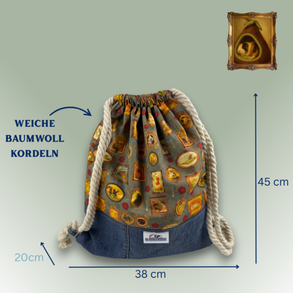 Erwachsenen Rucksack M Vintage Schweinchen Bilder auf grün mit dunkler Jeans kombiniert Frontansicht mit Maßen