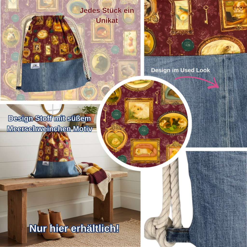 Erwachsenen Rucksack M Vintage Schweinchen Bilder auf weinrot mit dunkler Jeans kombiniert Detailansicht