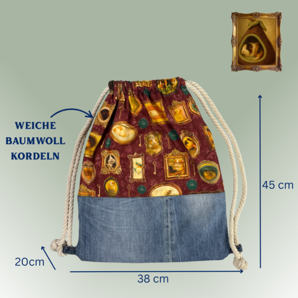 Erwachsenen Rucksack Vintage Schweinchen Bilder auf weinrot mit dunkler Jeans kombiniert Frontansicht mit Maßen