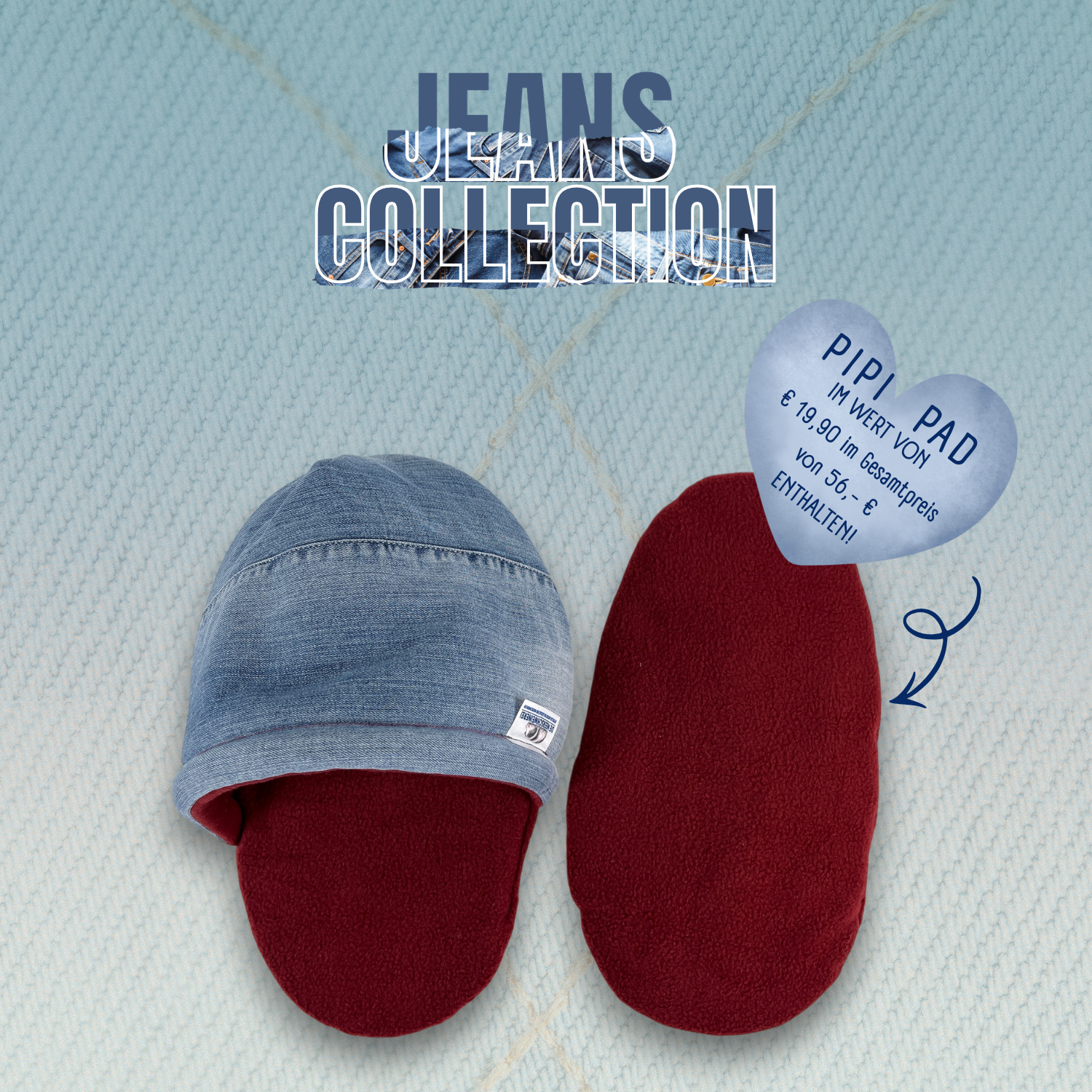 Jeans Hausschuh Oberansicht mit Pipipad