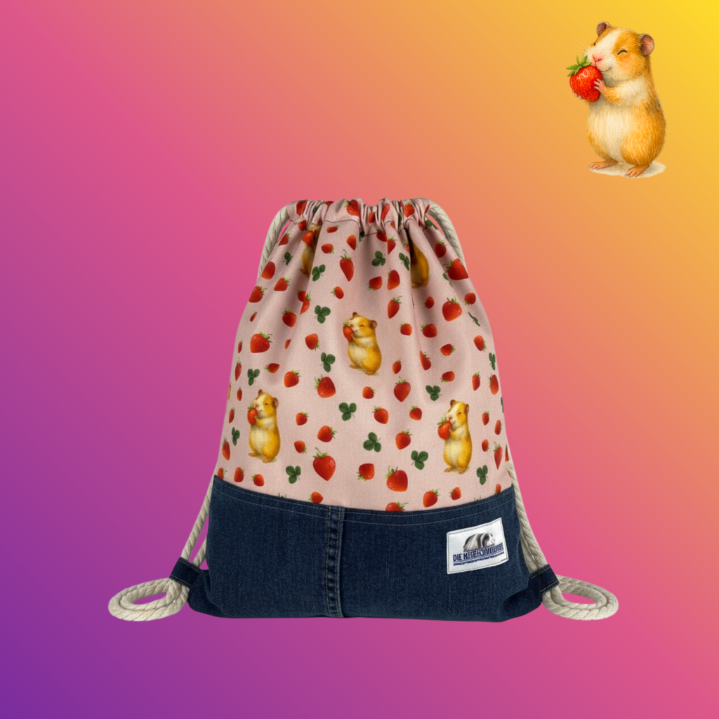 Kinder Rucksack S Schweinchen mit Erdbeeren auf rosa mit dunkler Jeans kombiniert Frontansicht