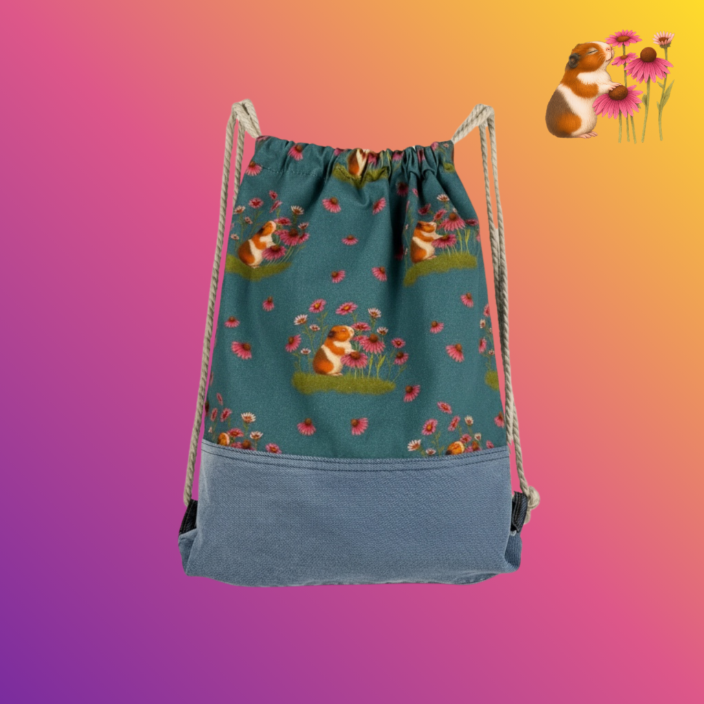 Kinder Rucksack S Schweinchen mit Sonnenhut auf türkis mit jeans kombiniert Hinteransicht
