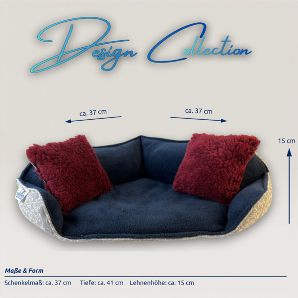 Kuschel Ecksofa _Ornamente auf Hellgrau_Vorderansicht mit Maßen