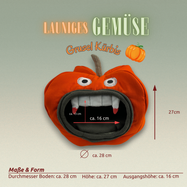 Kuschelhöhle Grusel Kürbis Vorderansicht mit Maßen