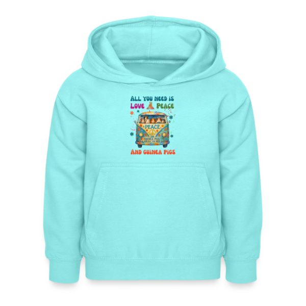 Kinder Hoodie mit Meerschweinchen Motiv All you need is love and guinea pigs türkis