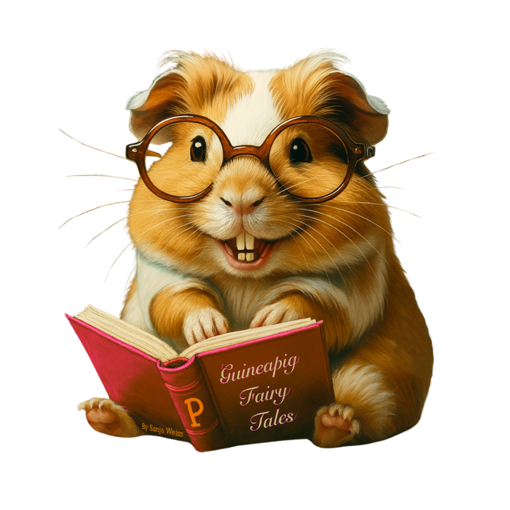 Meerschweinchen Lehrmeisterin Pippa mit ihrem Buch Guinea Pig Fair Tales