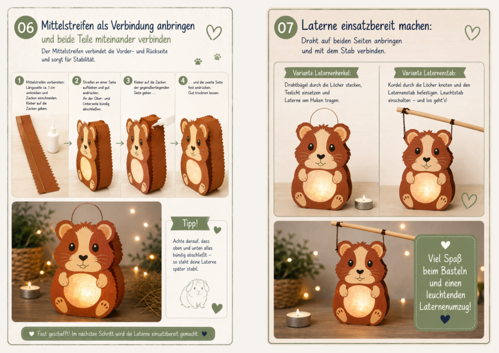 Meerschweinchen Laterne basteln Schritt für Schritt Anleitung mit Freebie download Vorlagen Seidenpapier ausschneiden Draht und Stab anbringen