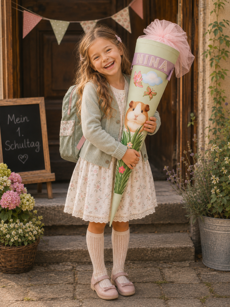 Mädchen mit selbstgebastelter Meerschweinchen Schultüte DIY Anleitung Gratis