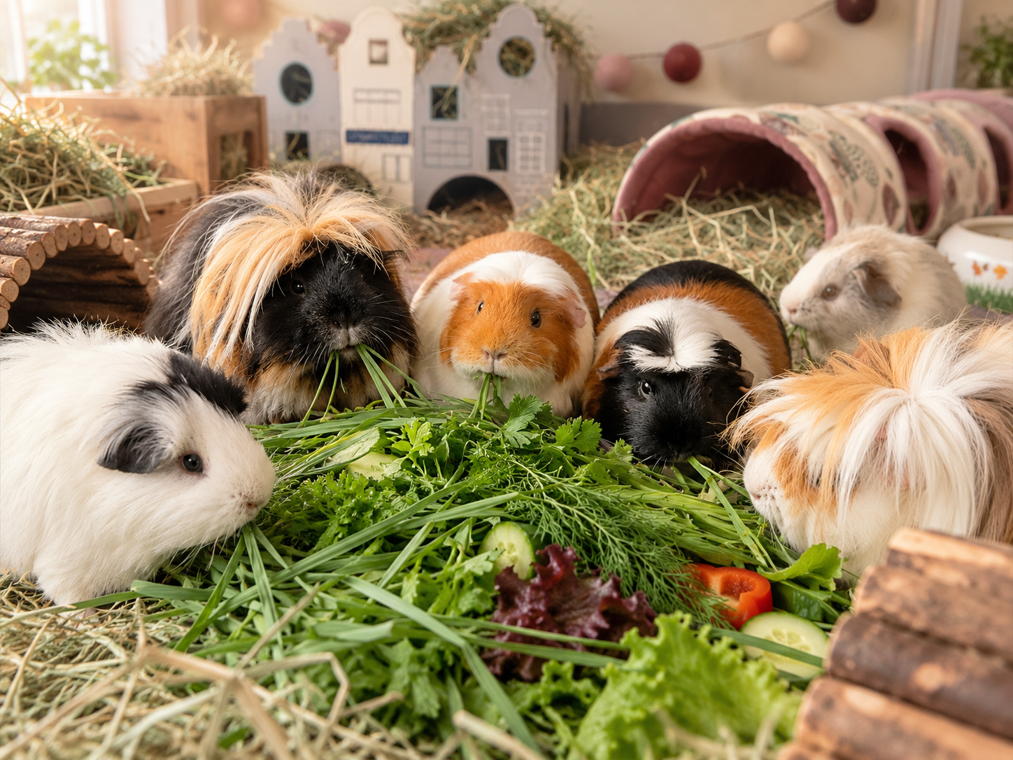 Haltung & Ernährung von Meerschweinchen - Meerschweinchen fressen gemütlich in der Gruppe