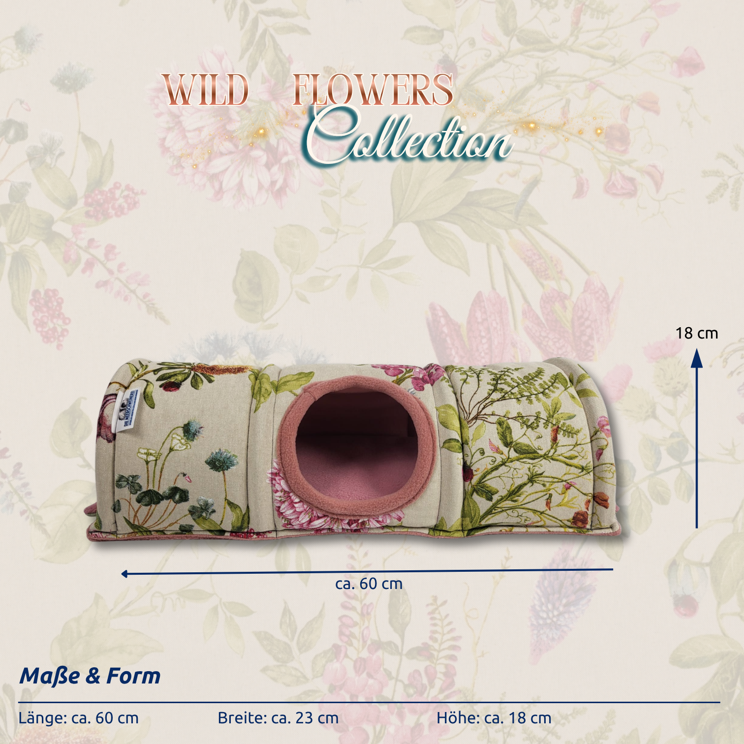 Kuscheltunnel Wild flowers Collection Holland Vorderansicht mit Maßen