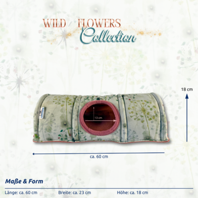 Kuscheltunnel Wild flowers Collection dandilons Vorderansicht mit Maßen