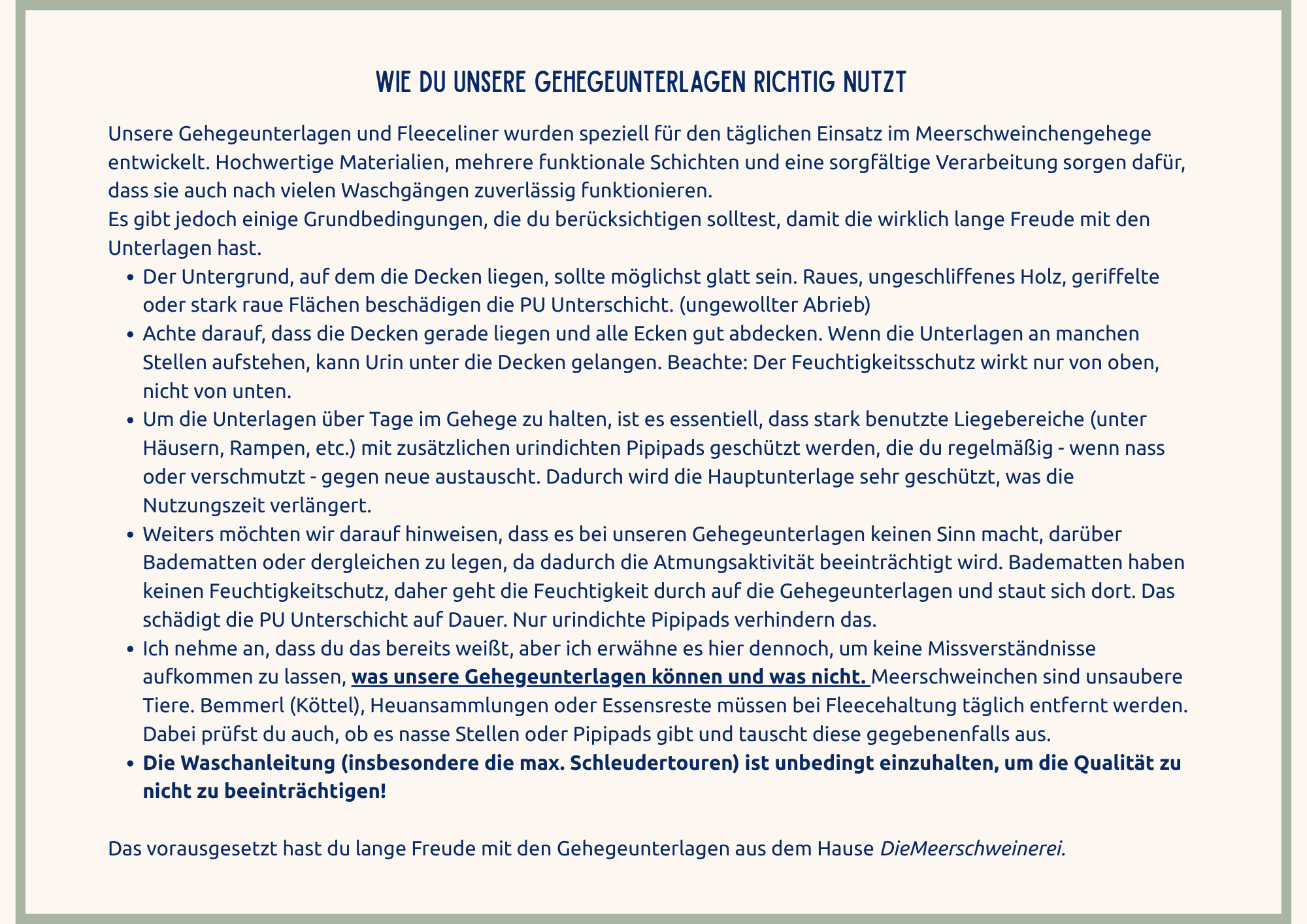 Wasch- und Pflegeanleitung für Fleeceliner und Gehegeunterlagen